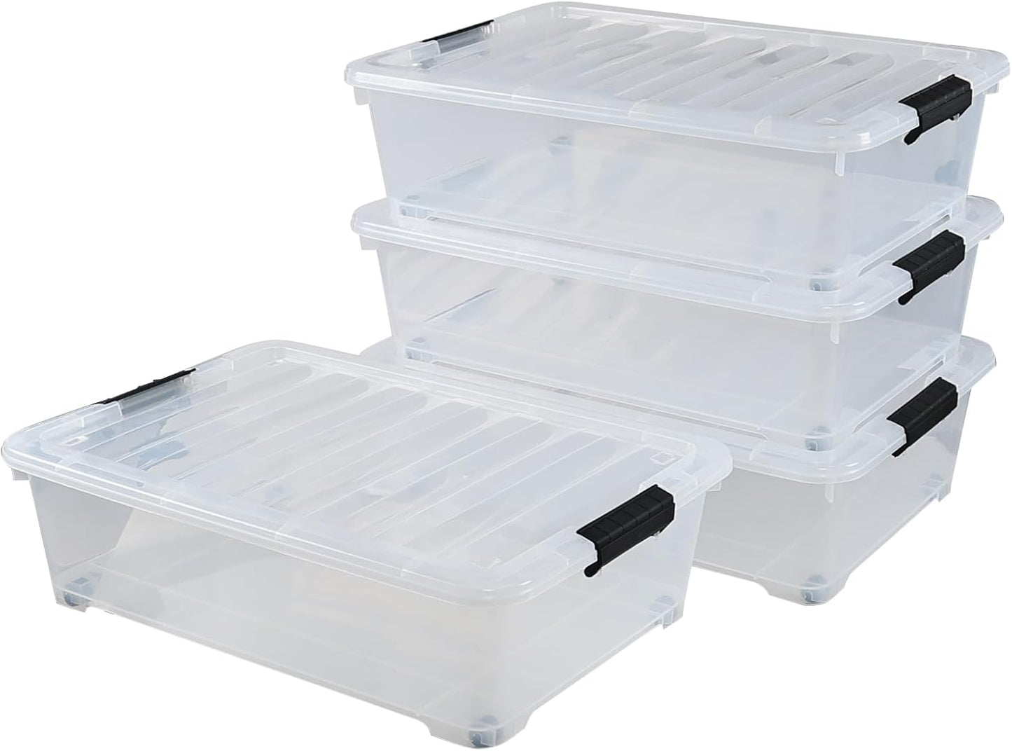 4-Pack 20 Quart Clear Under Bed Plastic Storage Bins with Wheels | Under Bed Storage Box, Locking Latch Lid, Easy-Glide Wheels, for Bedroom, Bathroom, Garage, and Office Organization