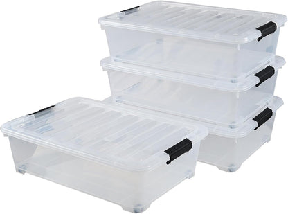 4-Pack 20 Quart Clear Under Bed Plastic Storage Bins with Wheels | Under Bed Storage Box, Locking Latch Lid, Easy-Glide Wheels, for Bedroom, Bathroom, Garage, and Office Organization