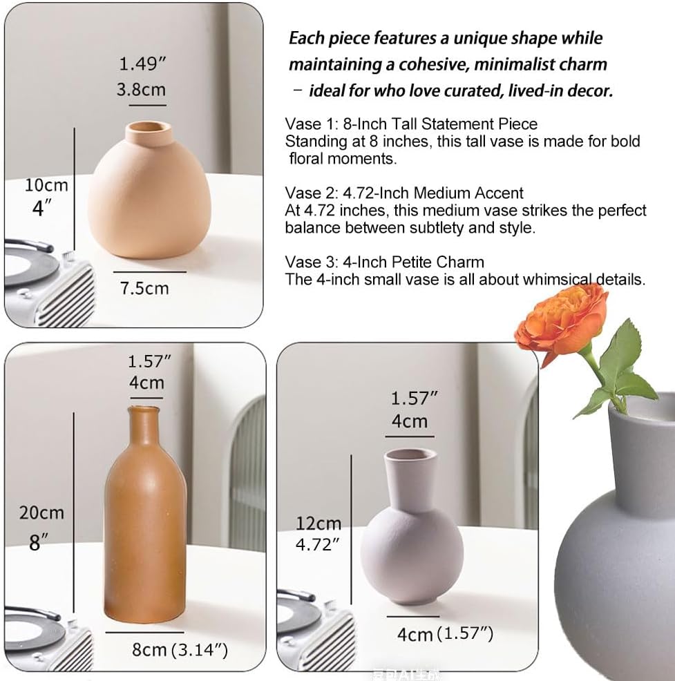 Ceramic Vase Set of 3 - Small Modern Minimalist Ceramic Bud Vases for Home Decor - Boho Aesthetic Flower Vases for Desk, Shelf & Table, Mantle, Bookshelf (Cute & Versatile) (Neutral Mix)