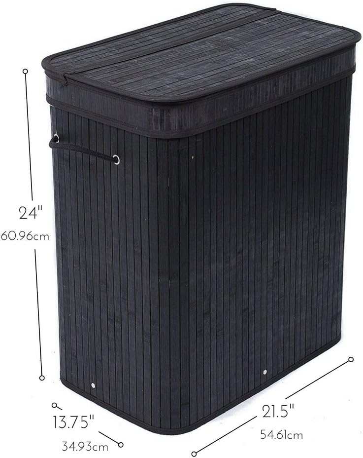 BIRDROCK HOME Double Laundry Hamper with Lid and Cloth Liner - Bamboo - Black - Easily Transport Laundry Basket - 2 Section Collapsible Hamper - String Handles