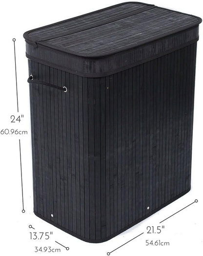 BIRDROCK HOME Double Laundry Hamper with Lid and Cloth Liner - Bamboo - Black - Easily Transport Laundry Basket - 2 Section Collapsible Hamper - String Handles