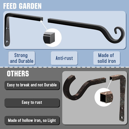 FEED GARDEN Heavy Duty Plant Hangers Outdoor Indoor, 8 Inch 2 Pack Metal Hanging Bracket Holds Up to 44 lbs, Wall Brackets for Hanging Baskets, Bird Feeders,Wind Chime& Lanterns, Black