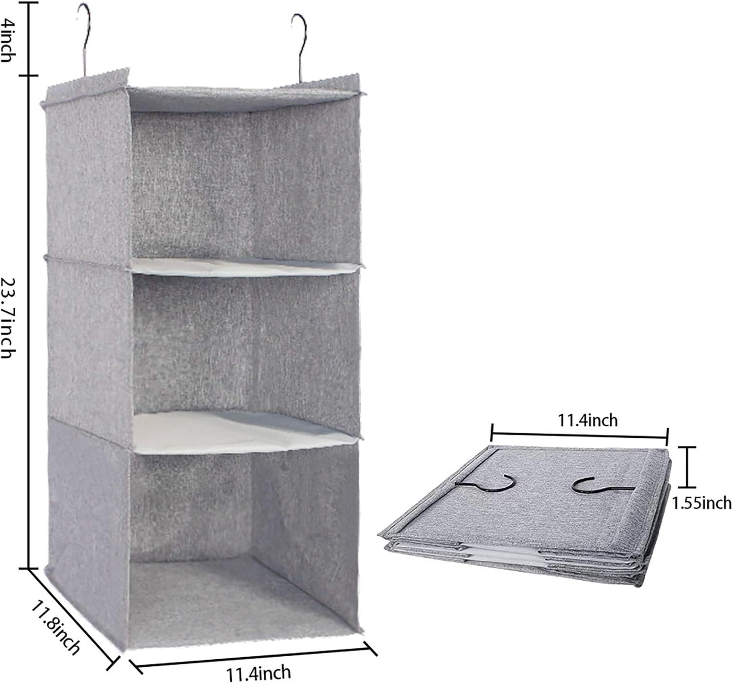 Hanging Closet Organizer 3-Shelf, Oxford Fabric Wardrobe Storage, Gray | Easy-mount foldable design holds clothes, handbags, shoes & accessories; washable Oxford fabric, sturdy and space-saving.