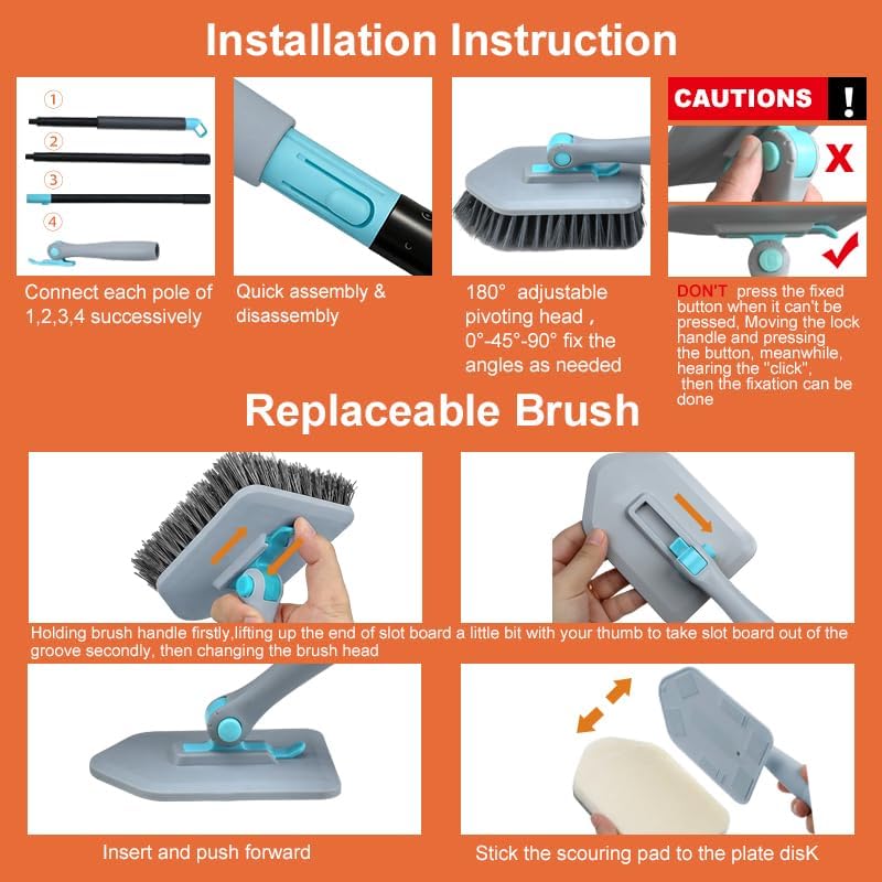 Long Handled Scrub Brush for Shower，3-in-1 Cleaning Brushes with 3 Different Function Cleaning Heads Brush for Shower Cleaning Bathroom Kitchen Walls Tub Tile