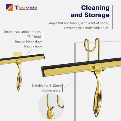 TOOVEM 12 Inch Shower Squeegee for Glass Doors, Window, Bathroom, Car Windshield, Shower Cleaning Tools with S Hook, Square Sticky Hook（Gold）