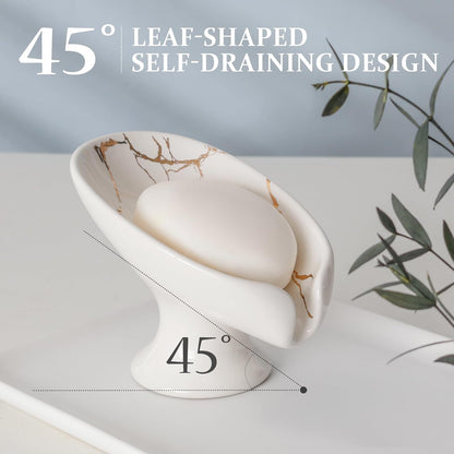 Small Soap Dish, Self Draining Bar Soap Holder for Bathroom Sink, Leaf Shaped Drainage Ceramic with Marble-Pattern Finish, Decorative Soap Dish, No Suction Cup, ANTIS'S HOME