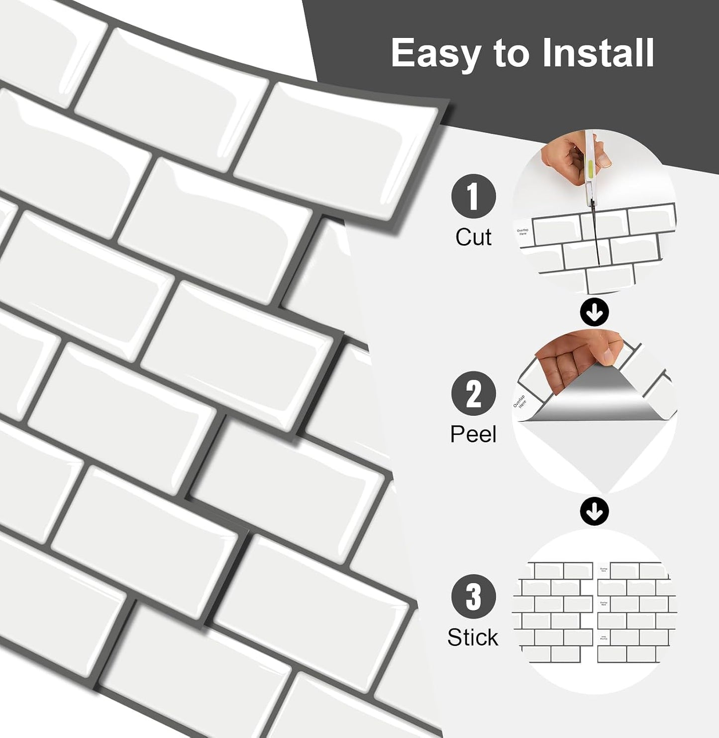 10 Sheets Peel and Stick Backsplash Tiles, Marble Look Wall Tiles for Kitchen and Bathroom, Livingroom, 12"x12", White, Waterproof Vinyl