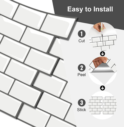 10 Sheets Peel and Stick Backsplash Tiles, Marble Look Wall Tiles for Kitchen and Bathroom, Livingroom, 12"x12", White, Waterproof Vinyl