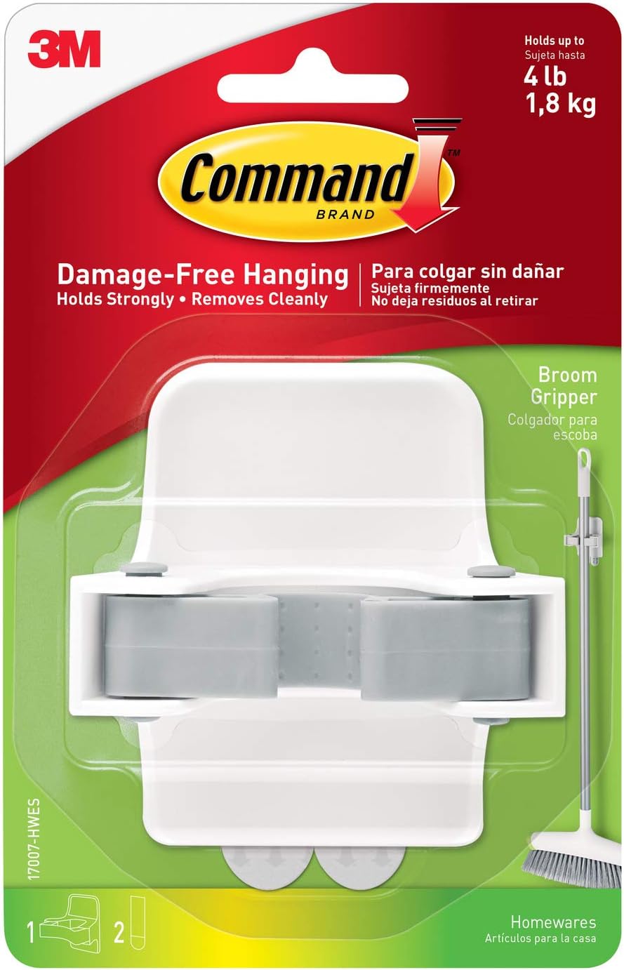 Command Broom Grippers, 2 Hangers and 4 Strips, Damage-Free Mop and Broom Holder Wall Mount, Household Cleaning Tool Organizer for Kitchen, Laundry Room, Closet, Holds up to 4 lb