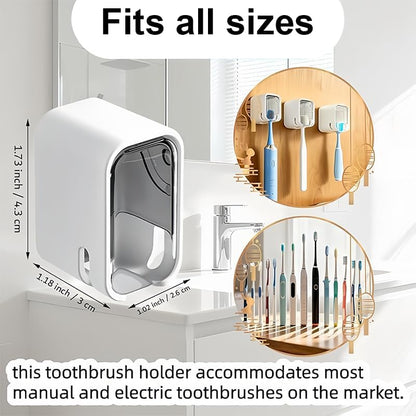2PCS Toothbrush Holders for Bathrooms, Minimalist Wall-Mounted Organizer with Cover, Single Toothbrush Dispenser Storage Organizer for Space-Saving Countertop Solution for Home & Travel (White, Gray)