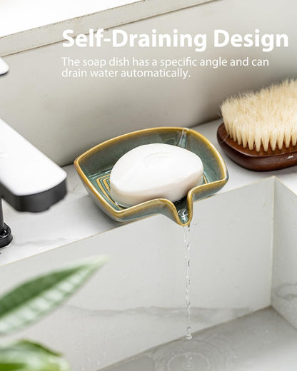 Self Draining Soap Dish, Ceramic Drain Soap Holder Waterfall Design Soap Saver for Shower, Bathroom, Sink, Kitchen and Countertop, Keeps Dry, Green