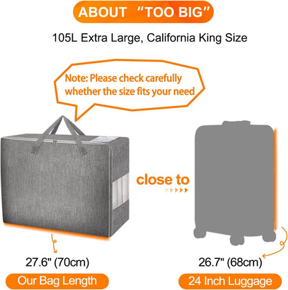 3 Pack 105L Comforter Storage Bags, Extra Large Bedding Storage Bags with Card and Clear Window, Reinforced Handles & Zippers, Foldable Closet Organizers for Blanket Pillow Clothes