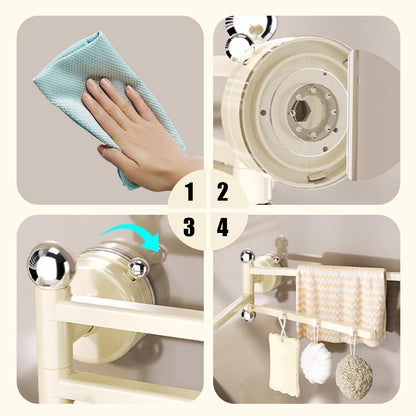 2PCS Swivel Suction Cup Towel Bar 3 Swing Arms 270°Rotation Wall Mounted Cloth Drip Dry Holder Multifunctional Storage Rack for Bathroom and Kitchen Accessories Beige