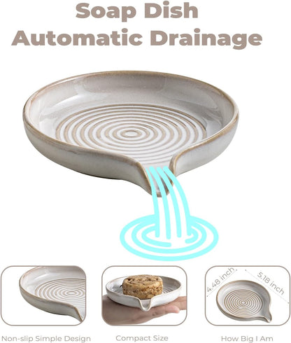 Self Draining Soap Dish, Ceramic Drain Soap Holder Waterfall Design Soap Saver for Shower, Bathroom, Sink, Kitchen and Countertop, Keeps Dry, Green