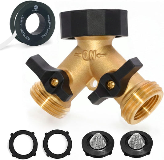 Morvat Heavy Duty Garden Hose Splitter Brass Connector with Comfortable Rubber Grip ON/OFF Two Valves, Y Splitter for Outlet, Water Tap & Spigot, Includes 2 Washers, 2 Filter Washers & Teflon Tape