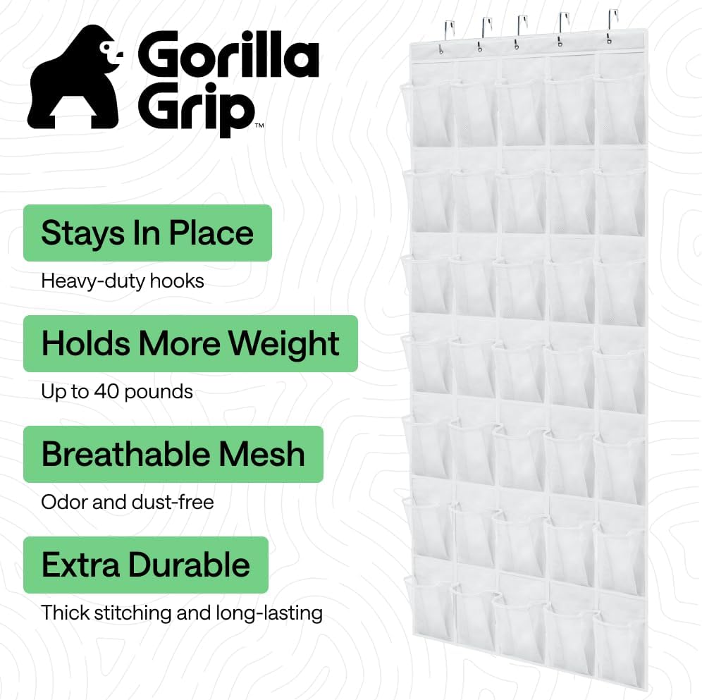 GORILLA GRIP Over the Door Shoe Organizer, 24 Large Breathable Mesh Pockets, Space Saving Hanging Storage Holder, Closet Rack Hanger Holds Up to 40 lbs, Hangs on Closets for Shoes, Accessories, Grey