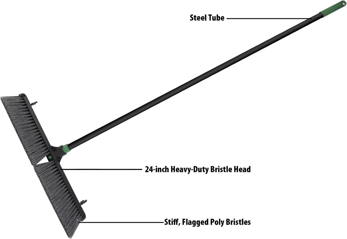 24-Inch Push Broom with 59" Metal Handle, Heavy-Duty Outdoor Broom with Stiff Flagged Bristles for Garage, Driveway & Patio