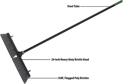 24-Inch Push Broom with 59" Metal Handle, Heavy-Duty Outdoor Broom with Stiff Flagged Bristles for Garage, Driveway & Patio