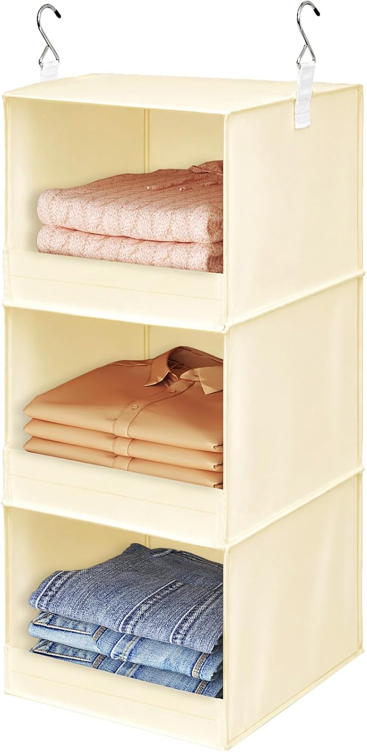 Lifewit 3 Tier Hanging Closet Storage Organizer for Shelves, Front Anti-Slip Clothes Storage Hanger with 2 Sturdy Hooks, Vertical Foldable Sweater Organization for Shlef, Wardrobe, Dorm, RV, Gray