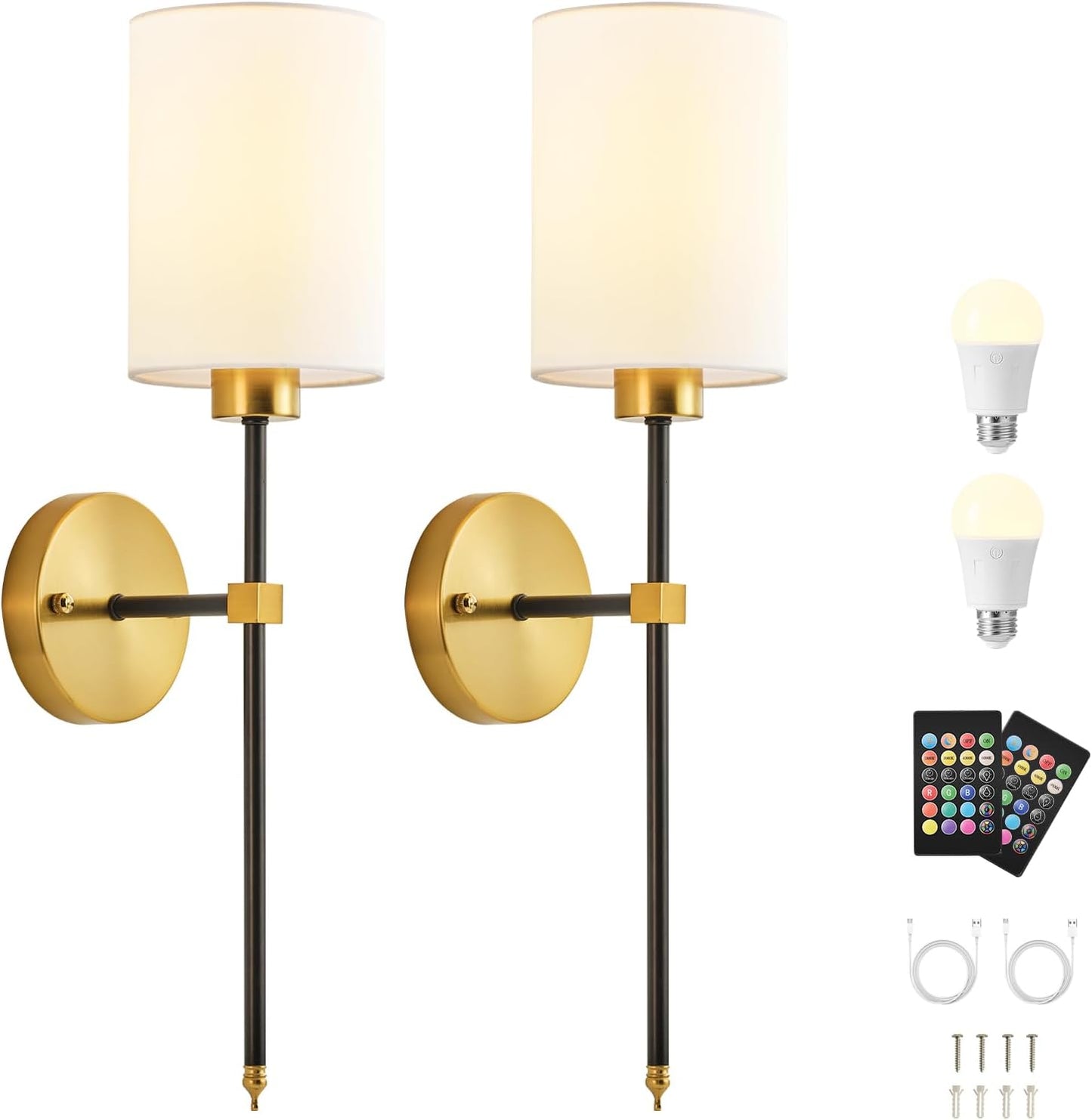 Battery Operated Wall Sconces Set of Two,Wireless Rechargeable Wall Light With Remote Control, Dimmable, Amber Light/Warm White/Natural White/Daylight/RGB, Timer,for Living Room,Bedroom,Entryway,Gold