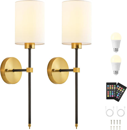 Battery Operated Wall Sconces Set of Two,Wireless Rechargeable Wall Light With Remote Control, Dimmable, Amber Light/Warm White/Natural White/Daylight/RGB, Timer,for Living Room,Bedroom,Entryway,Gold