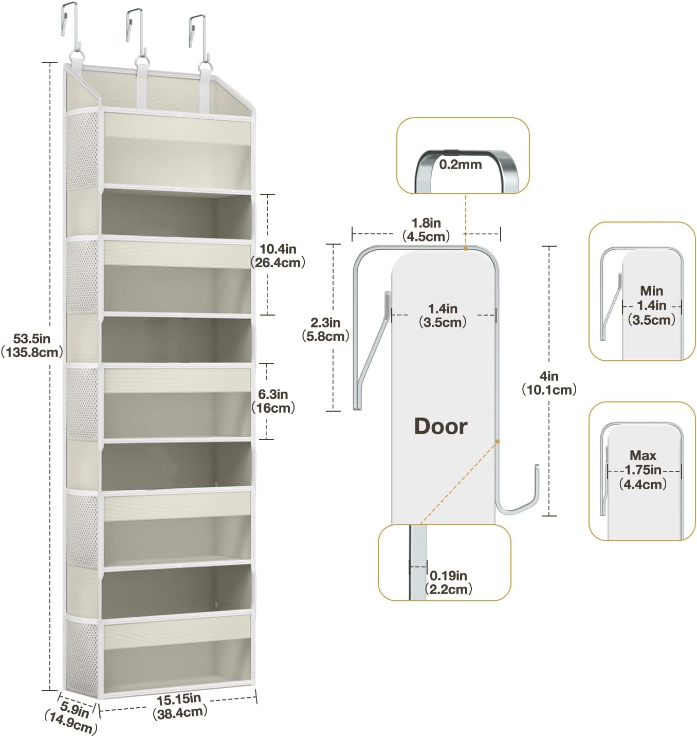 Over the Door Organizer with 5 Front & 10 MeshSide Pockets, 50LB Capacity Extra Large Nursery & Bathroom Hanging Storage Organizer Multi-Room Space-Saving Designwith 3 Hook for Kitchen, Pantry,Grey