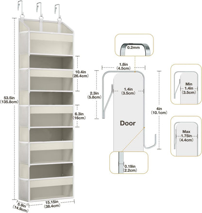 Over the Door Organizer with 5 Front & 10 MeshSide Pockets, 50LB Capacity Extra Large Nursery & Bathroom Hanging Storage Organizer Multi-Room Space-Saving Designwith 3 Hook for Kitchen, Pantry,Grey