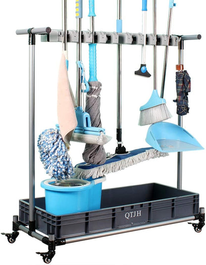 Broom And Mop Holder Put Wet Mops Movable Floor-Mounted Mop Rack Floor Standing Cleaning Tool Cart Storage For Garden Garage Schools, Hospitals, Factories, Hotels,Property Companies (12racks)