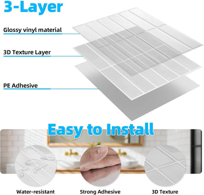 Peel and Stick Backsplash Tile for Kitchen, 10 Sheets, 11.42''x9'' | Beige Gray 3D Self Adhesive Wall Tile Back Splash for Kitchen, Bathroom, Laundry Room