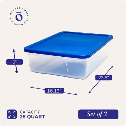 HOMZ 2-Pack Snaplock, Small Clear Plastic Storage Organizer Bins w/ Lids, 28 Quart, Gray - Stackable Container Boxes for Bedroom, Bathroom, Garage, and Office Organization