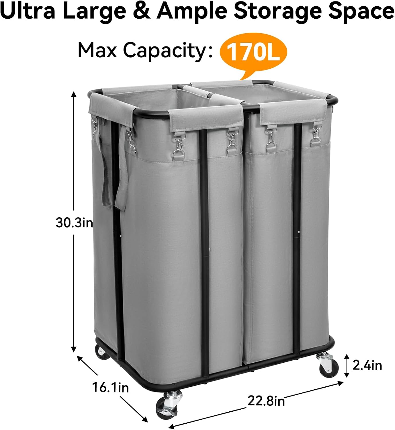WOWLIVE Laundry Hamper with Wheels 260L Rolling Laundry Basket 3 Section Organizer Laundry Cart with Steel Frame and Removable Bags Large Dirty Clothes Hamper Dorm Room Storage for Bedroom