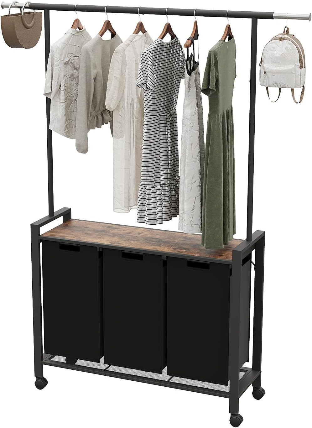Laundry Sorter Cart with Hanging Rod, 3 Section Laundry Hamper with Wheels for Small Spaces, Laundry Organizer, Dirty Clothes Hamper for Apartment, Dorm