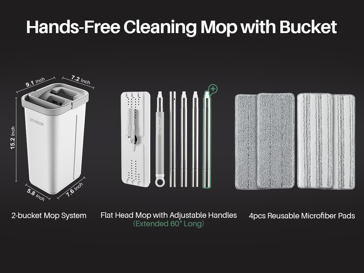 JOYMOOP Mop and Bucket with Wringer Set, Hands Free Flat Floor Mop and Bucket, 60" Mop with 3 Reusable Microfiber Pads, Wet and Dry Use, Floor Cleaning System