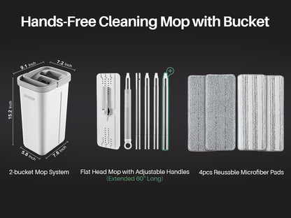 JOYMOOP Mop and Bucket with Wringer Set, Hands Free Flat Floor Mop and Bucket, 60" Mop with 3 Reusable Microfiber Pads, Wet and Dry Use, Floor Cleaning System