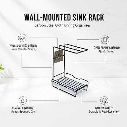 Wall-Mounted Carbon Steel Sink Caddy for Dish Cloths & Sponges - Space Saving Kitchen Organizer