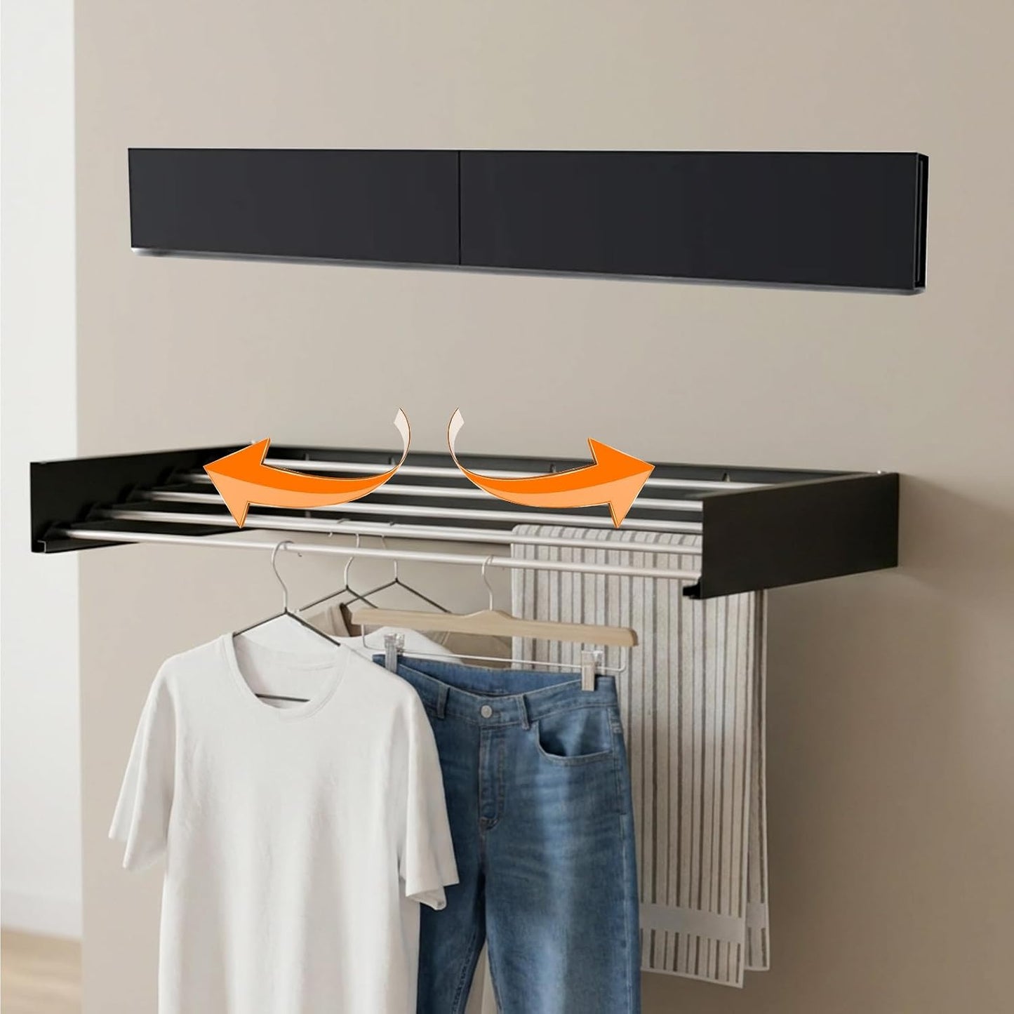 Wall Mounted Clothes Drying Rack 32", Foldable Wall Mount Laundry Rack Folding Indoor, Drying Rack Clothing Collapsible, Hidden Space Saver with Wall Template, 5 Rods, Black （HOU ）