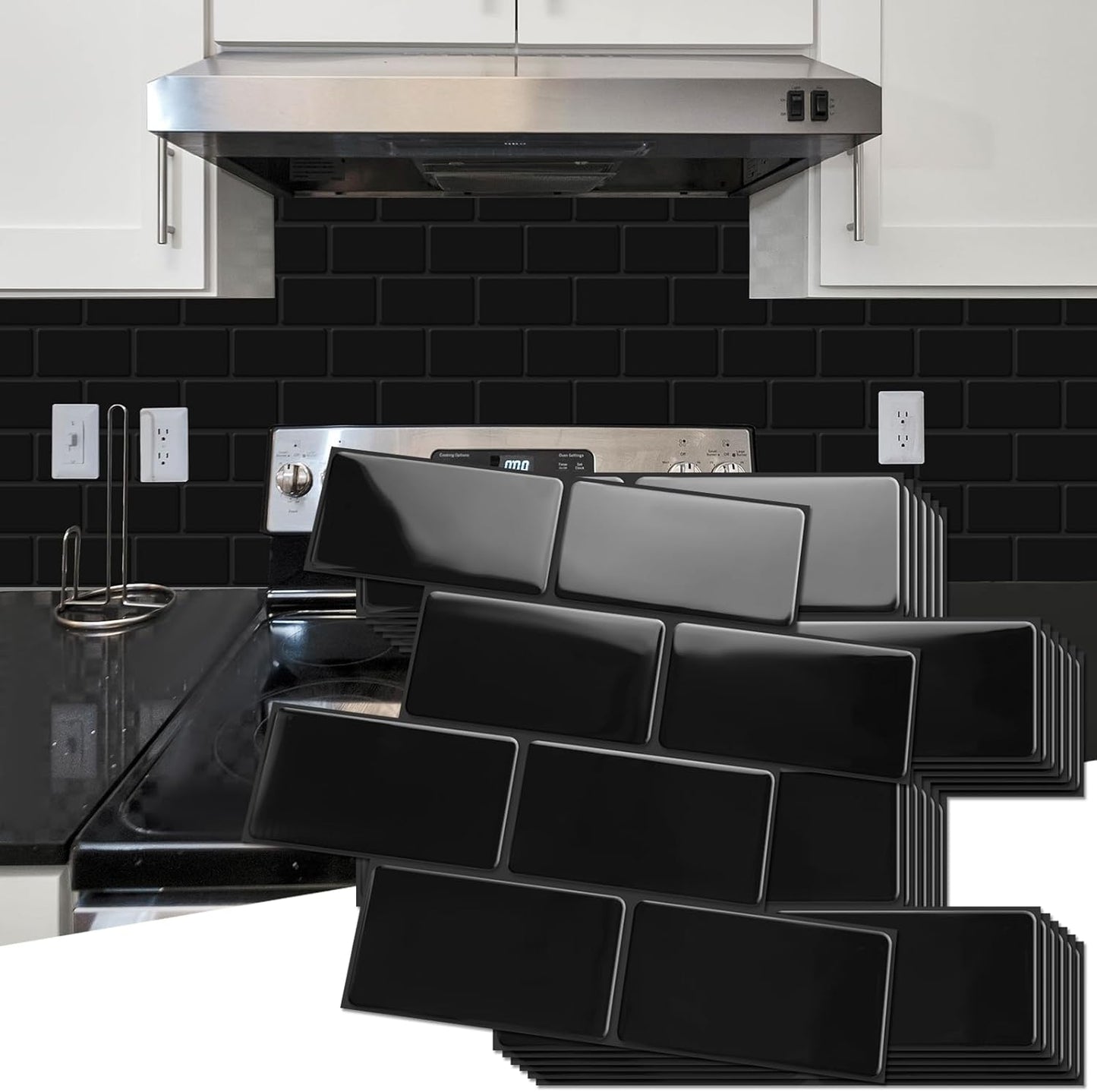 Art3d Peel and Stick Backsplash, 10-Pack Thickened Stick on Subway Tiles, Faux Ceramic Tiles for Kitchen, Bathroom, Black
