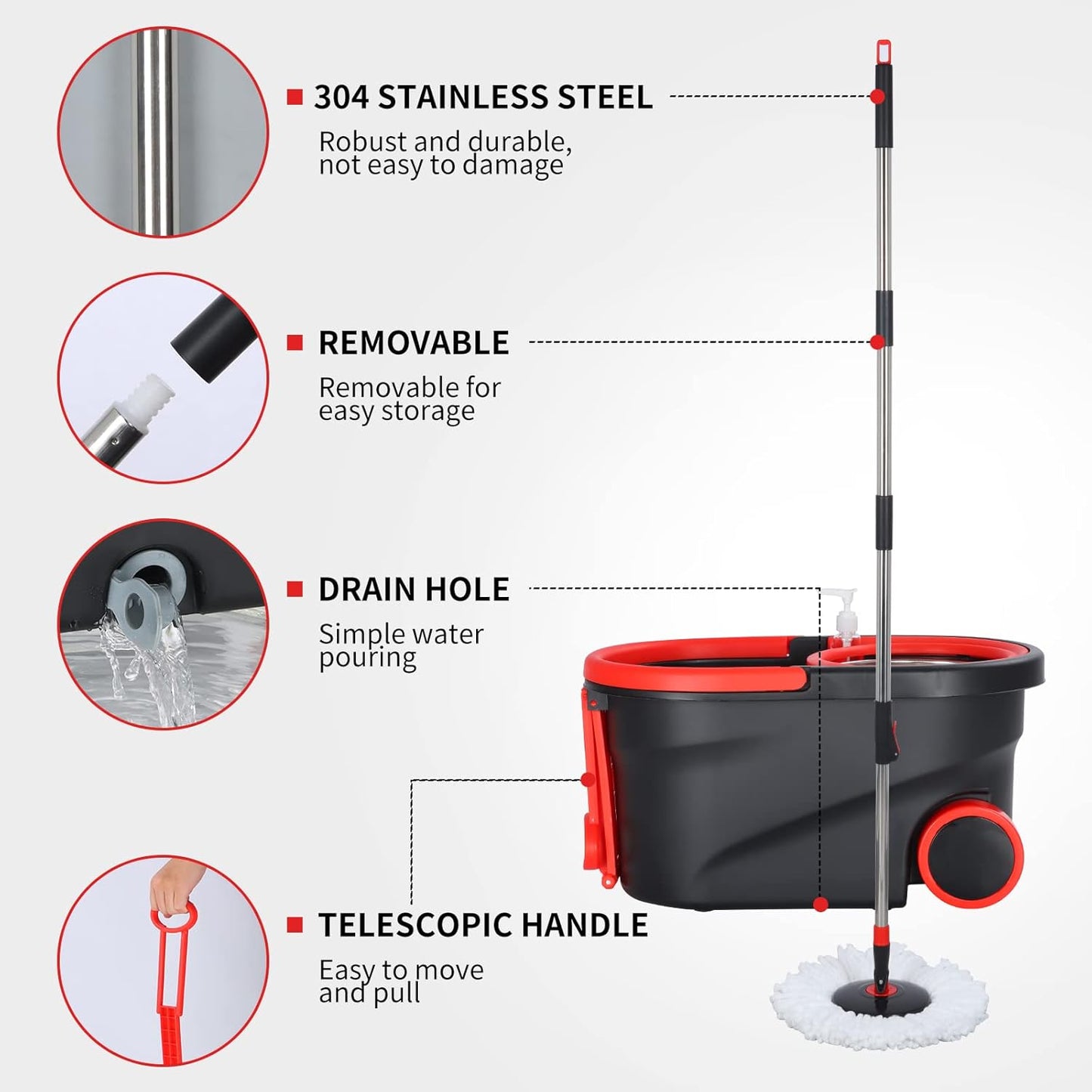 Spin Mop and Bucket with Wringer Set, 360° Spinning Mop Bucket System with 3 Microfiber Mop Replacement Heads and 50" Stainless Steel Adjustable Handle for Floor Cleaning