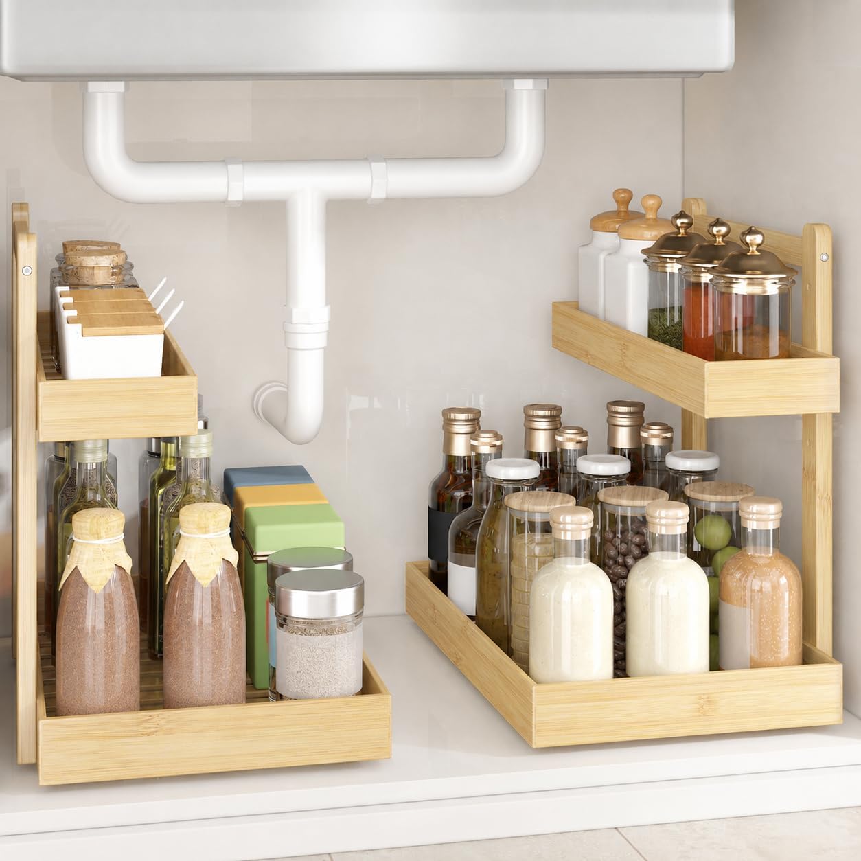 Under Sink Organizer - 2-Tier Pull Out Cabinet Organizer Vertical Slide Out Sink Shelf Storage Shelves for Multi-Purpose Bath Kitchen Bathroom Medicine (Nature, 2 Packs)