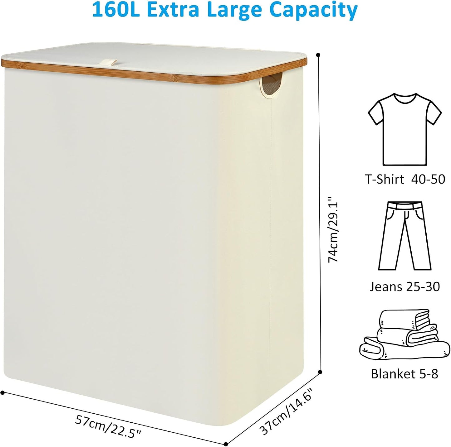 efluky Slim Laundry Basket with Lid, Narrow Laundry Hamper with Removable Bag, Skinny Dirty Clothes Basket with Bamboo Handles for Bathroom, Bedroom & Laundry Room, 75L Beige