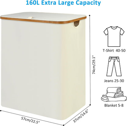 efluky Slim Laundry Basket with Lid, Narrow Laundry Hamper with Removable Bag, Skinny Dirty Clothes Basket with Bamboo Handles for Bathroom, Bedroom & Laundry Room, 75L Beige
