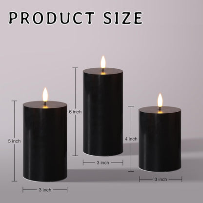 Black Flameless Pillar Candles with Remote, Flickering LED Wax Candles Battery Operated Set of 3