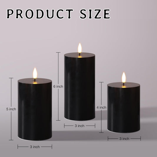 Black Flameless Pillar Candles with Remote, Flickering LED Wax Candles Battery Operated Set of 3