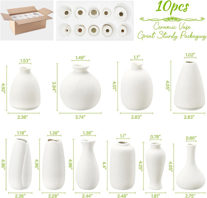 10pc Ceramic Bud Vases Set - 2-3 Inch White Small Vases Collection for Flowers | Boho & Modern Ceramic Vase Set for Table Décor, Wedding, Cute Vase Home Decor