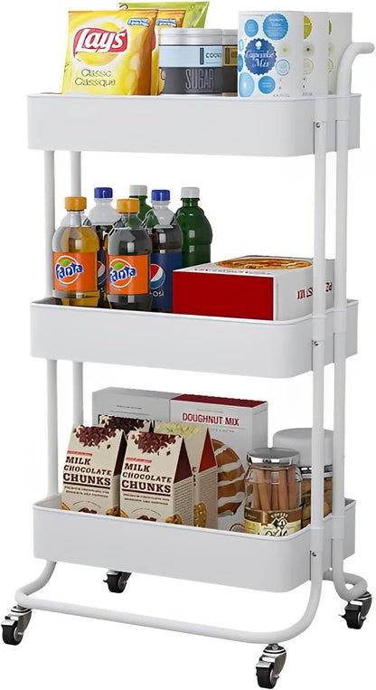 Sooyee 3 Tier Rolling Cart with Wheels, Slim Storage Cart, Under Desk Narrow Rolling Utility Cart Storage Organizer for Office Bathroom Kitchen Laundry Room Narrow Places, White, Plastic and Metal