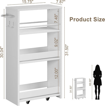 ChooChoo 4-Tier Slim Storage Cart, 7.87 inches Wide Narrow Storage Cabinet with 360° Wheels and 2 Hooks, Space-Saving Organizer for Kitchen, Narrow Places, Dining Room, Walnut+White