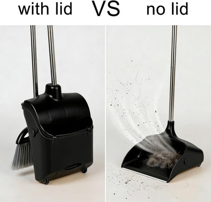 Long Handle Heavy Duty Broom and Dustpan Set, Outdoor and Commercial Upright Dustpan and Brush for Restaurant Garage Garden Yard Office,Black