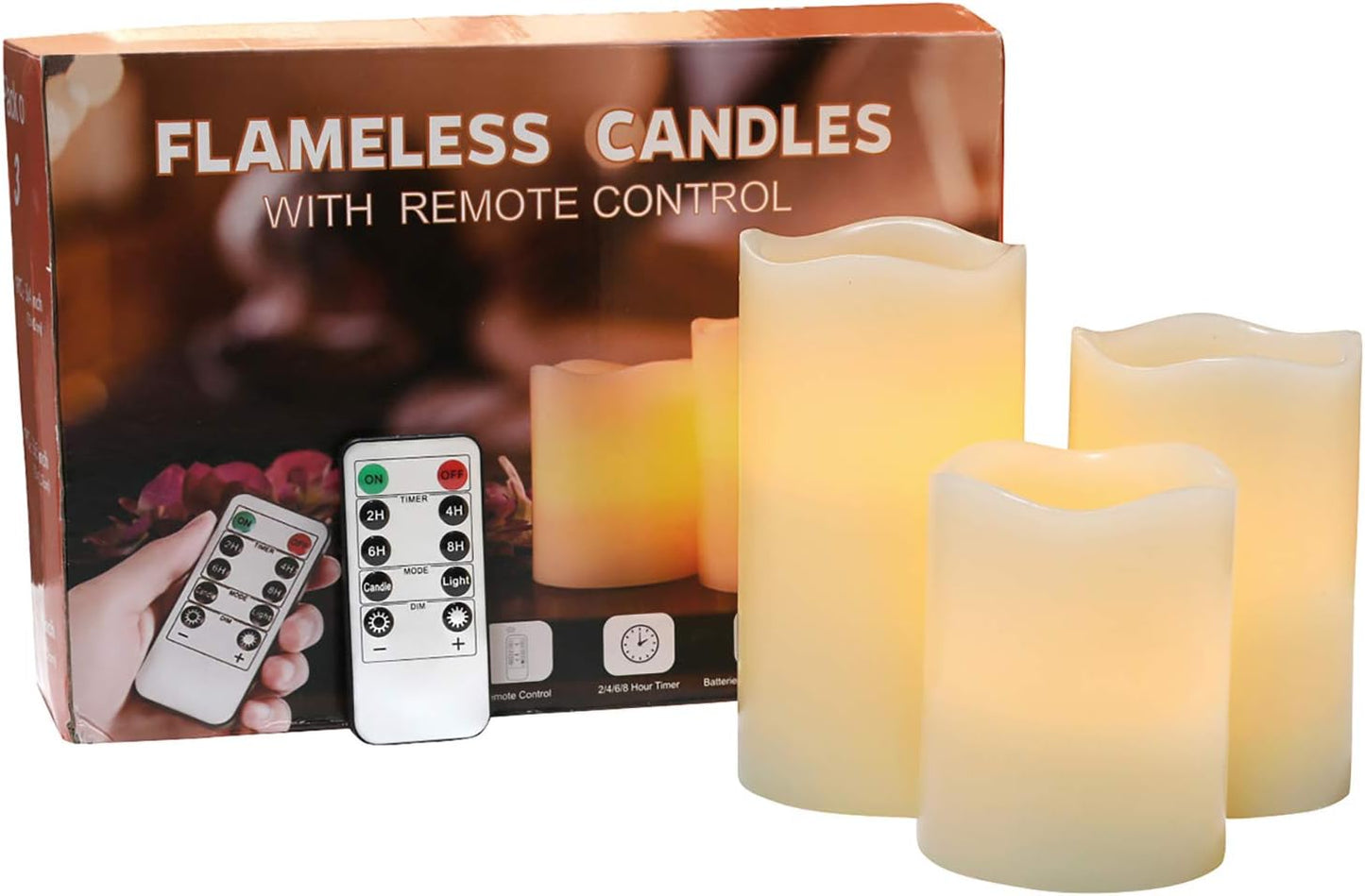 Flameless Flickering LED Battery Candles :Set of 3 Ivory Real Wax Pillar Operated Fake Faux Lights with Remote Control and Timer Function Flicker Candle for Decoration Christmas Votive Garden Outdoor