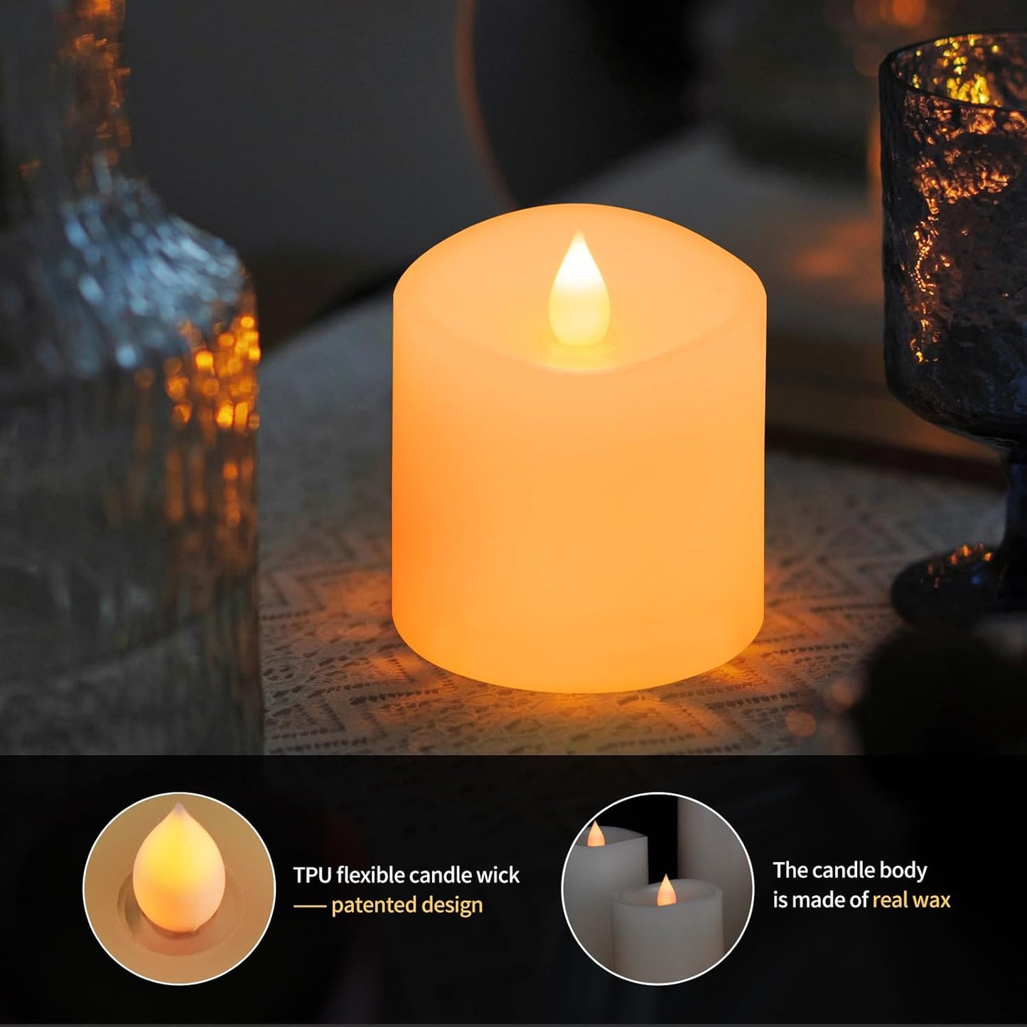3x3 Flickering Flameless Candles Set of 2, 2AA Battery Life 600 Hours Battery Candles Flickering with Timer,3 inch Flameless Candles with Remote for Indoor/Outdoor, Ivory