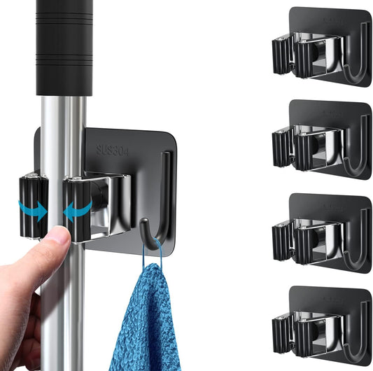 homeasy Mop Broom Holder No Drill, Mop Broom Organizer Wall Mounted Heavy Duty with Hooks Hanger, Self Adhesive Stainless Steel 4Pcs for Bathroom, Kitchen, Office (Multicolor)